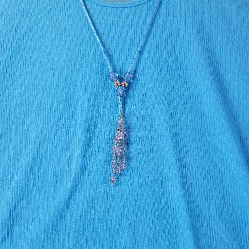Superline Blue Fringe Hem Tunic‎ Top One Size Necklace Boho Crinkle Stretch USA - Picture 6 of 9